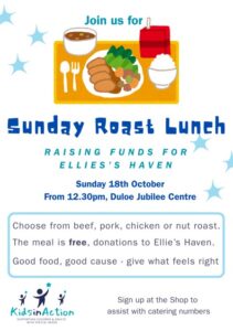 Poster inviting people to a Sunday Roast Lunch to raise funds for Ellie's Haven, with meal details.